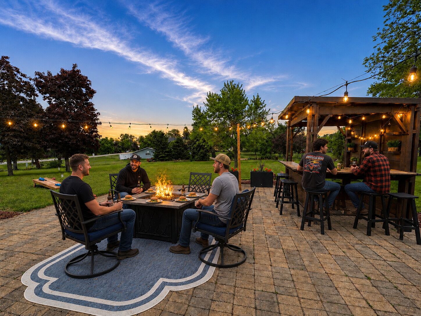 An outdoor patio with a fire pit, seating, and string lights.