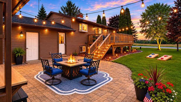 Un patio con un brasero, mobiliario exterior y luces colgantes.