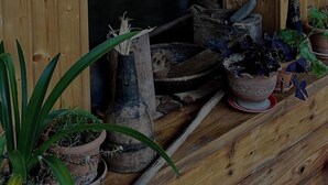 A wooden cabin entrance with two lanterns hanging above the door, a wooden bench with potted plants, and a rustic interior visible through the doorway. -  chalet in amazing village Tsesi with big history and beautiful view (Tsesi)