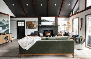 Smart TV, fireplace, books