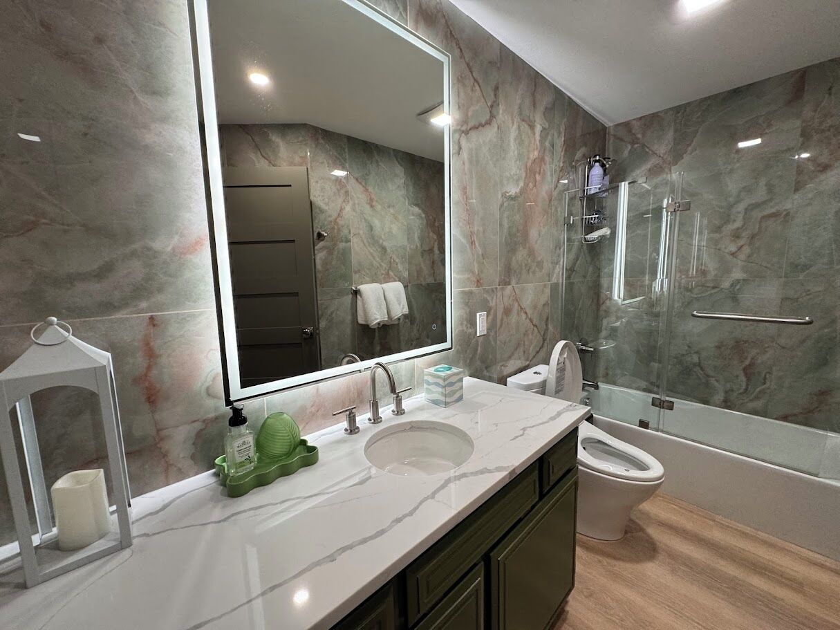 Hair dryer, bidet, towels, soap