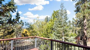 A wooden deck with a metal railing overlooking a forested area with various trees and a clear sky. - Silver Rays (Big Bear Lake)