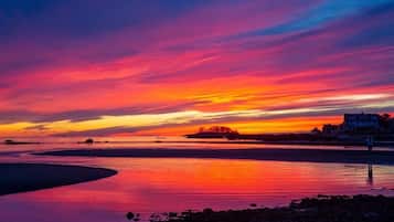 On the beach, sun-loungers, beach towels