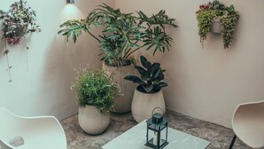 Un rincón pequeño y acogedor con una mesa y dos sillas, rodeado de grandes macetas y plantas colgantes frente a una pared lisa.