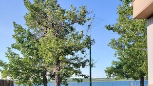 Ein Garten mit Rasen, einem Boot und Blick auf das Wasser.