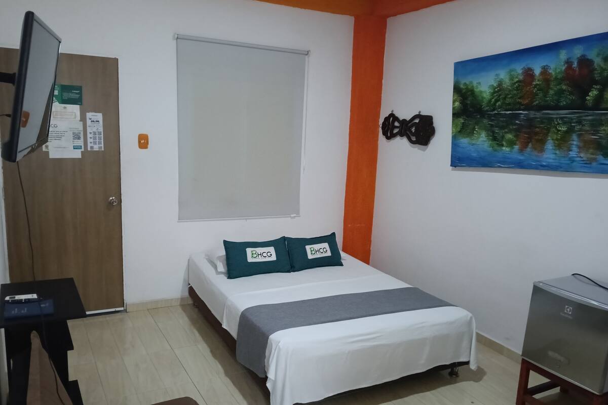 Una habitación de hotel con cama, escritorio, televisor, un cuadro y una puerta.