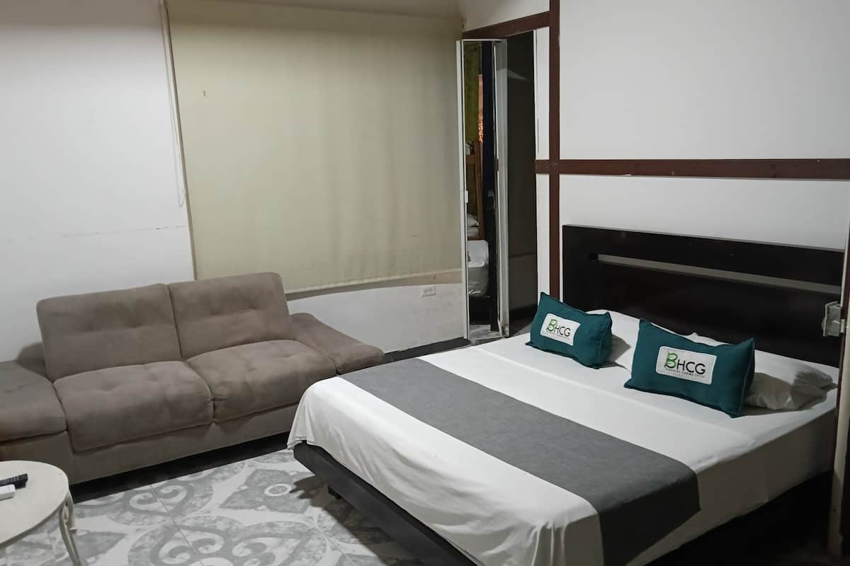 Un dormitorio con cama, sofá y alfombra estampada.