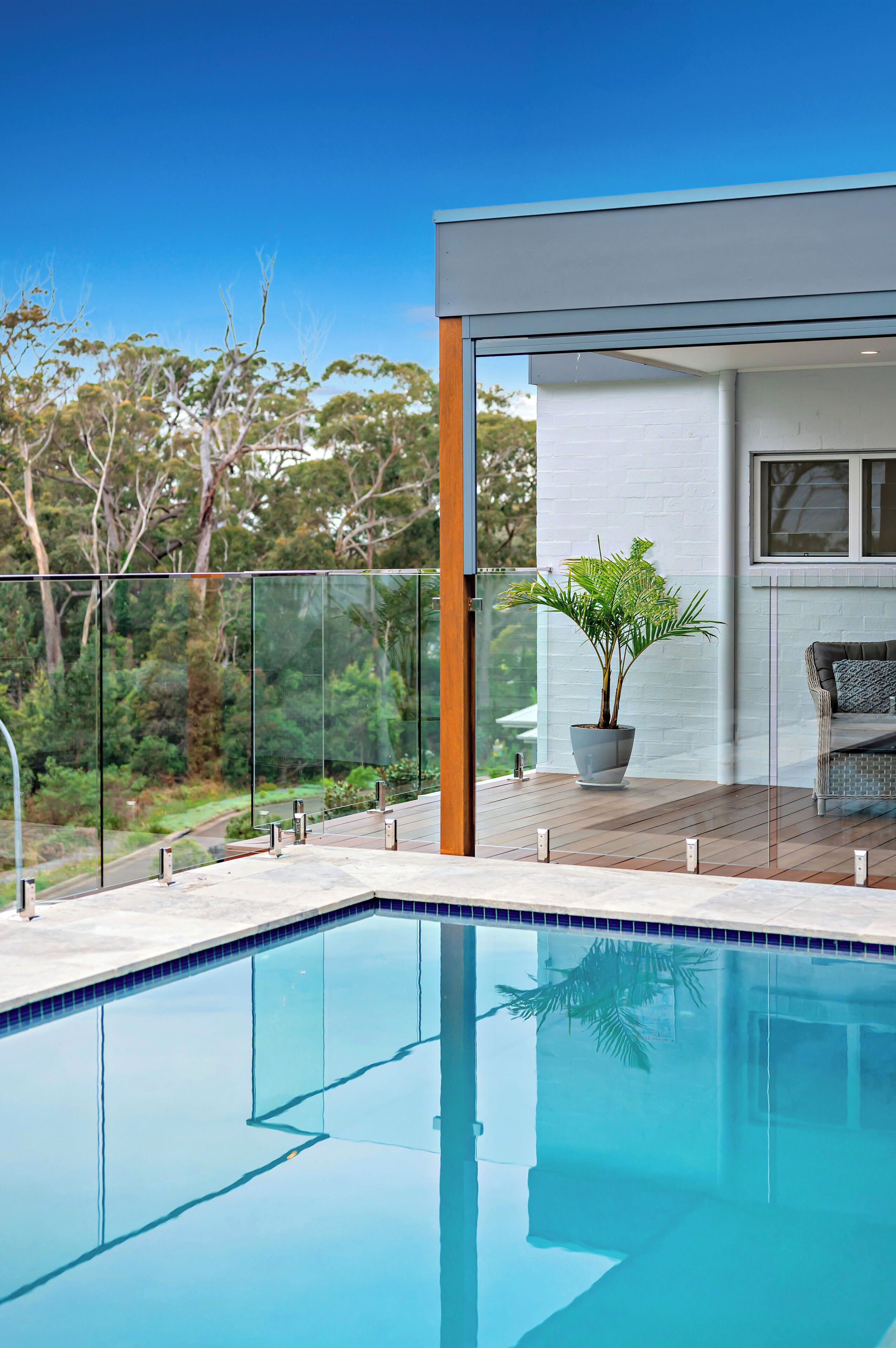 Un espace piscine extérieur moderne, doté d’une balustrade en verre, d’un pot de fleurs et offrant une vue sur les arbres.