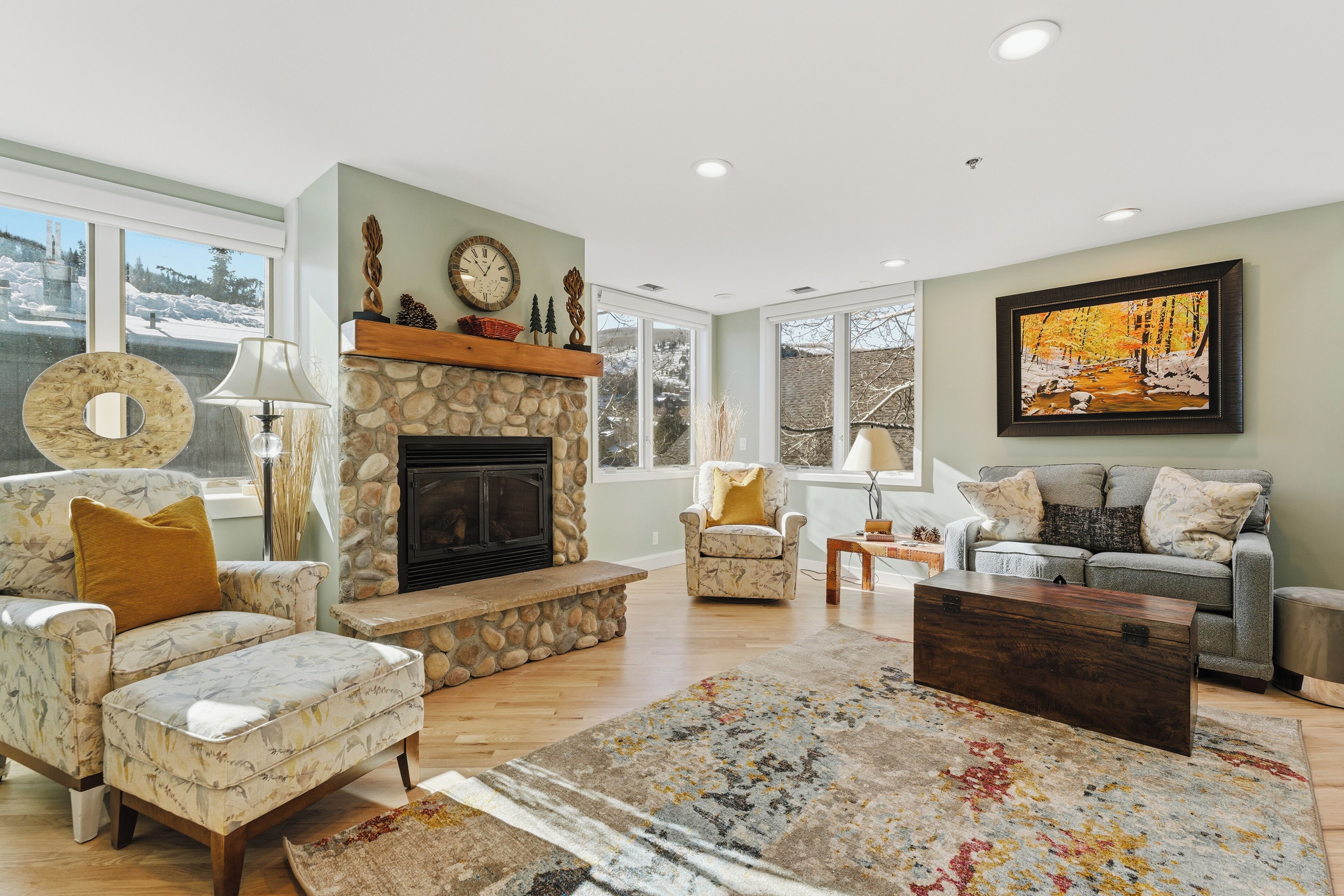 Smart TV, fireplace, books, offices