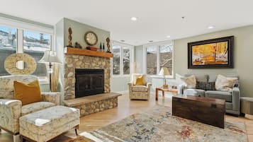 Smart TV, fireplace, books, offices