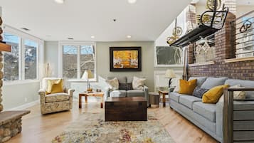 Smart TV, fireplace, books, offices