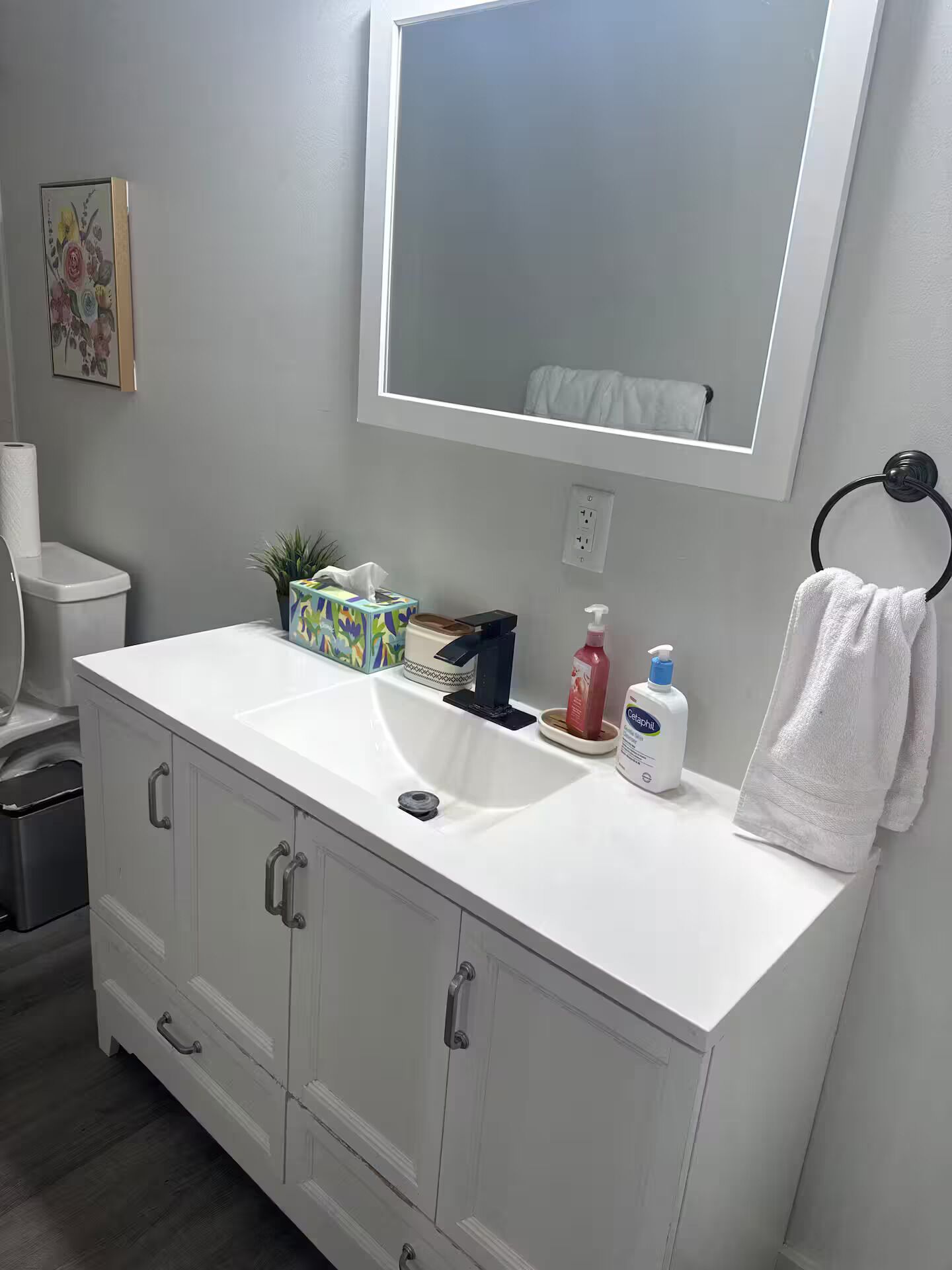 Hair dryer, towels, soap, shampoo
