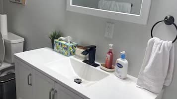 Hair dryer, towels, soap, shampoo