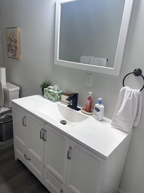 Hair dryer, towels, soap, shampoo