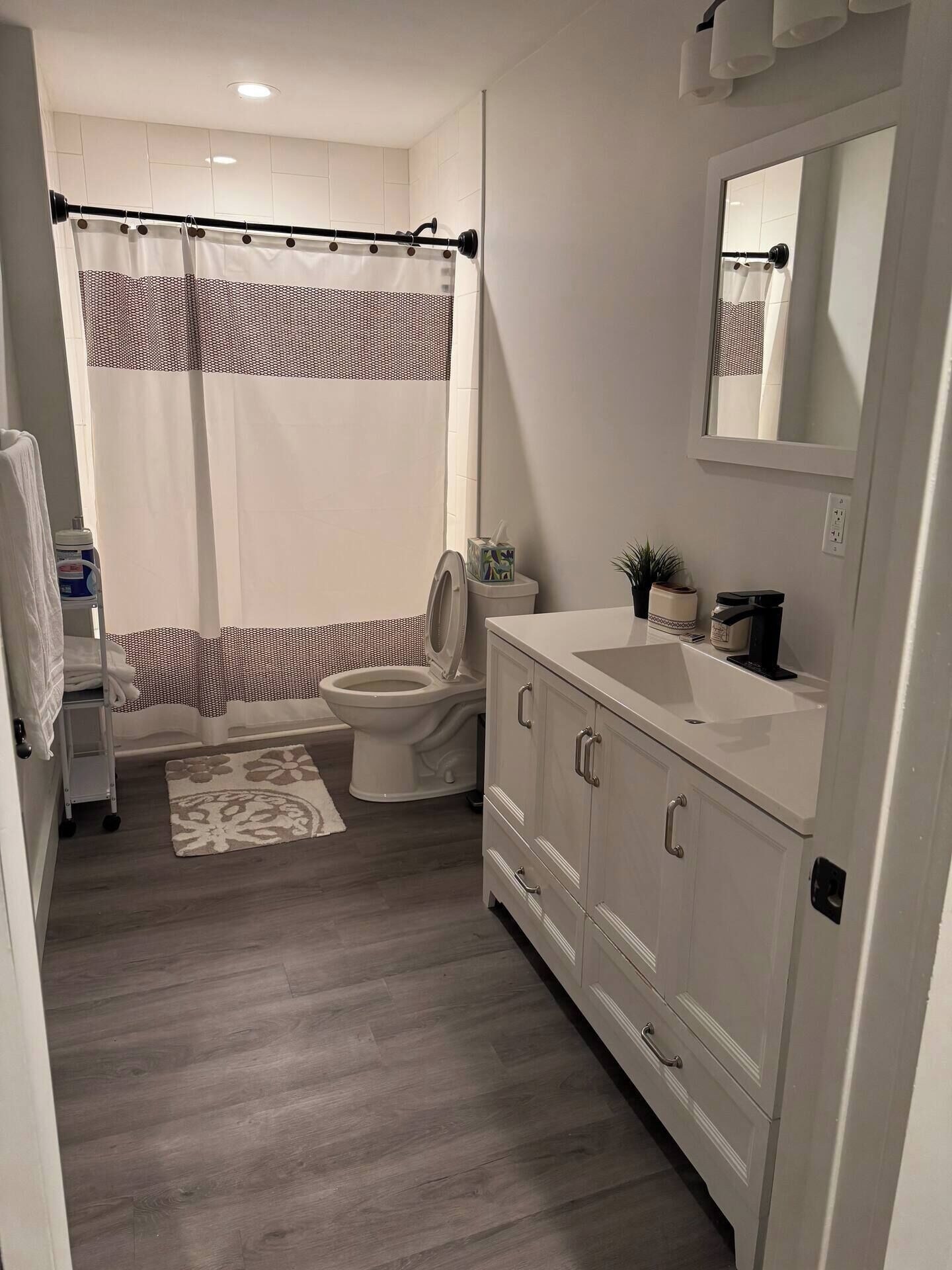 A modern bathroom with a shower, toilet, and vanity.