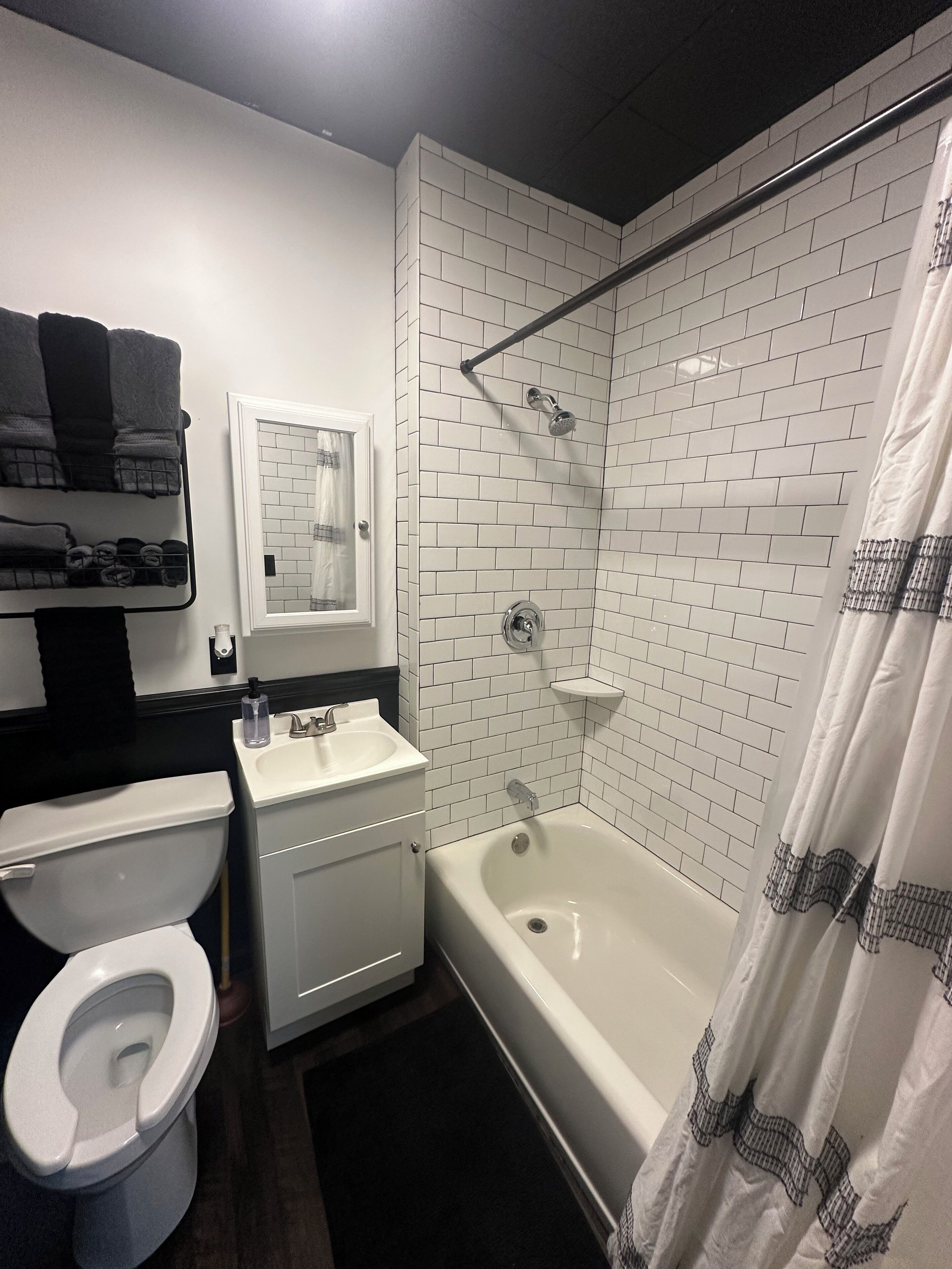 Hair dryer, towels, toilet paper