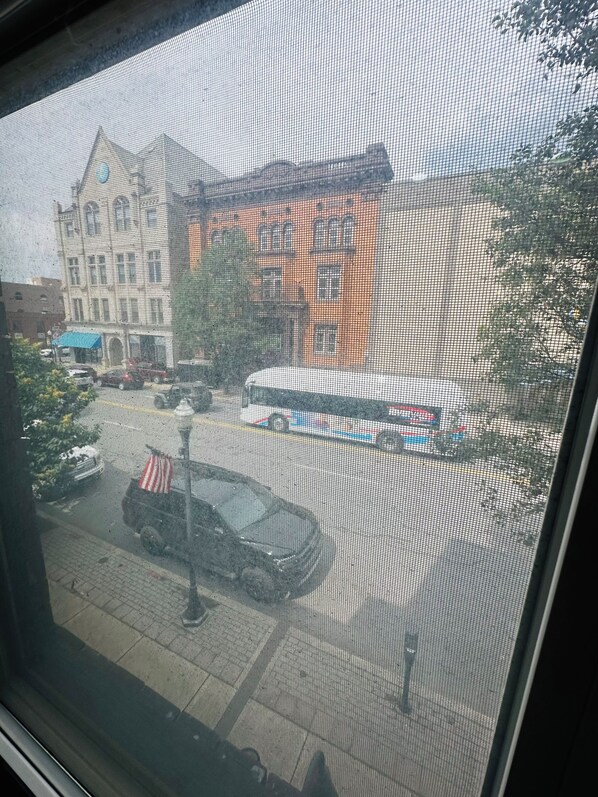 A view through a window with a mesh screen, displaying a street scene with buildings, a parked car, and a moving bus.