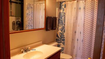 Hair dryer, towels, soap, toilet paper