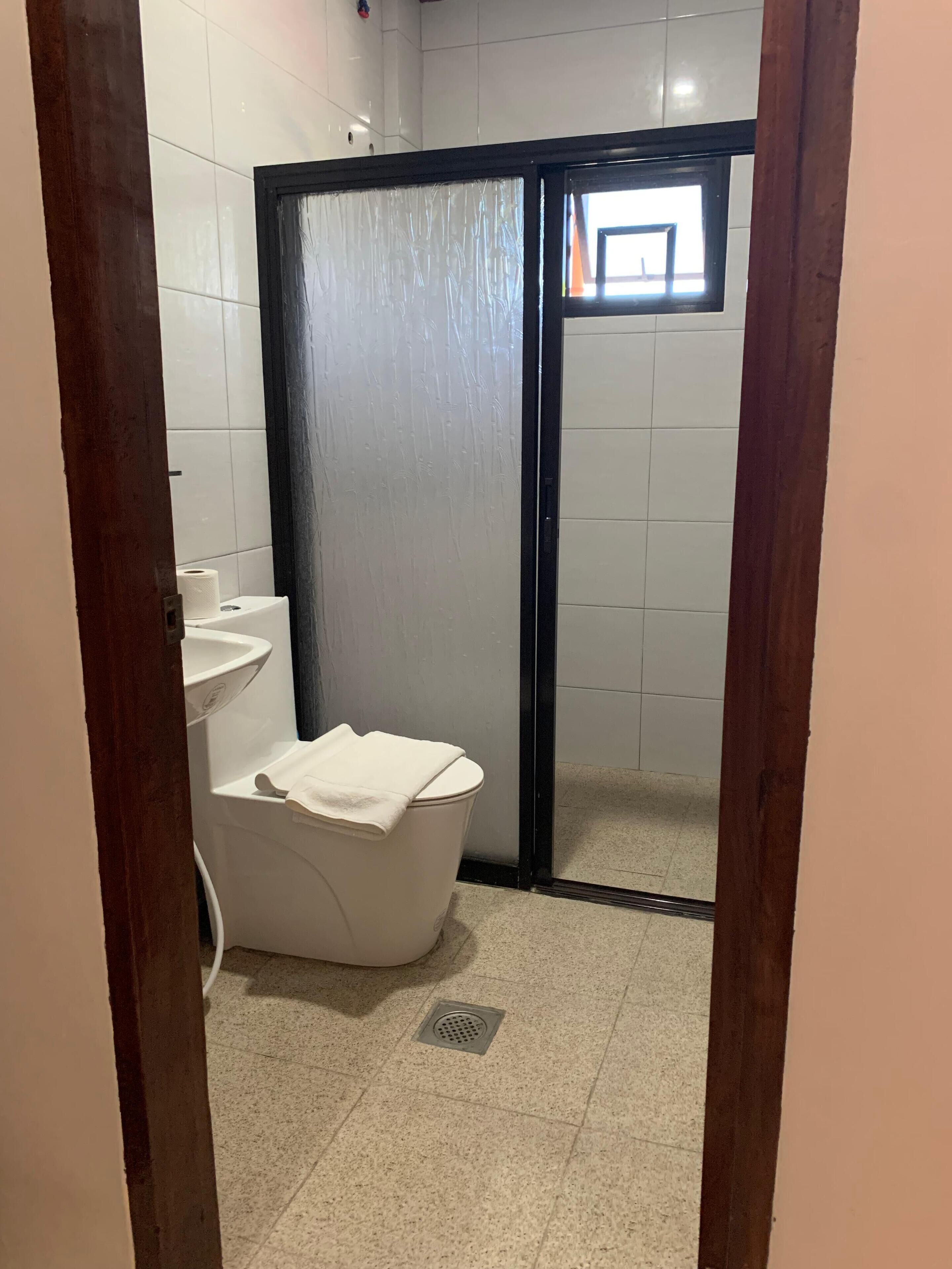 A small bathroom with a white toilet, a sink, and a shower area.