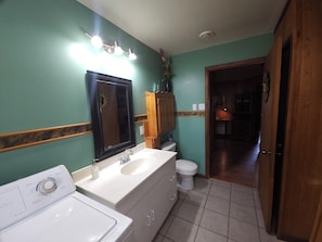 Hair dryer, towels, soap, toilet paper