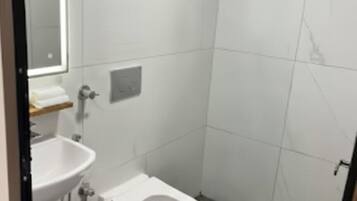 Shower, towels, soap, toilet paper