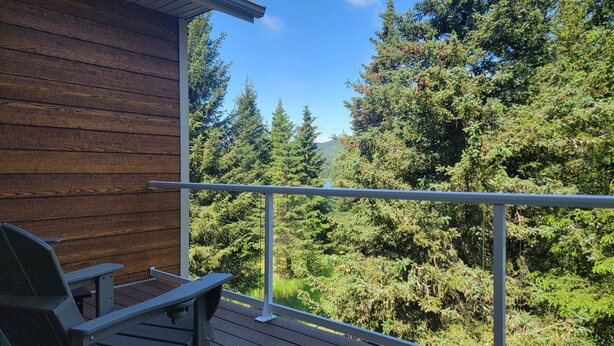 A wooden deck with a metal railing, a chair, and a view of dense forest and hills. - Sprucewood Dens (Homer)