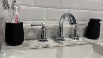 Shower, hair dryer, bidet, towels