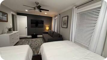 2 bedrooms, desk, iron/ironing board, travel crib