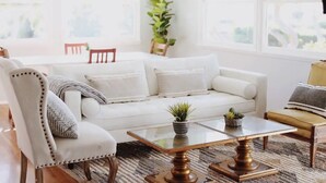 Un salon avec un canapé blanc, une table basse en verre et une plante en pot.