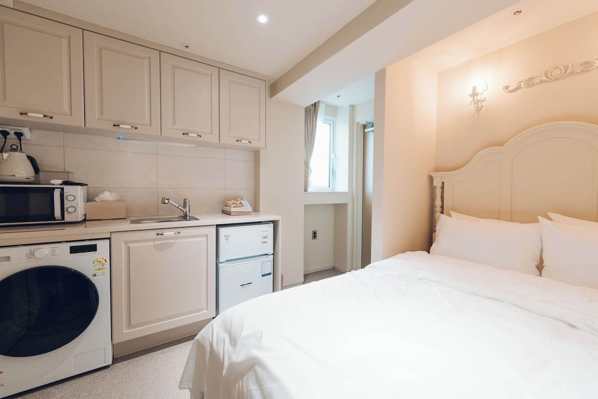 A hotel room with a bed, a washing machine, a microwave, and a sink.