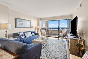 TV - Sea Pointe 702: End unit with endless shoreline views, overlooking sought-after Cherry Grove Point. (North Myrtle Beach)