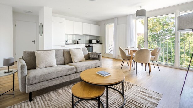 A modern living room with a sofa, coffee table, and dining area. - Blueground | Basel-Vorstaedte, view, nr Rhine (Basel)