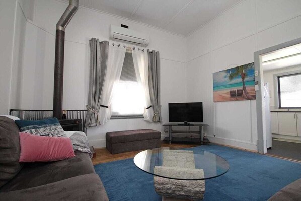 Smart TV, fireplace, DVD player, books