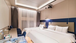 A hotel room with two beds, a desk, a chair, a painting, and a large window with curtains. - National Music Hotel (Beijing)