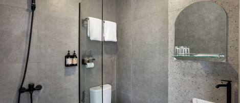 A modern bathroom with a glass-enclosed shower, a toilet, a sink, and a mirror.