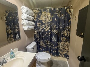 Hair dryer, towels, soap, toilet paper