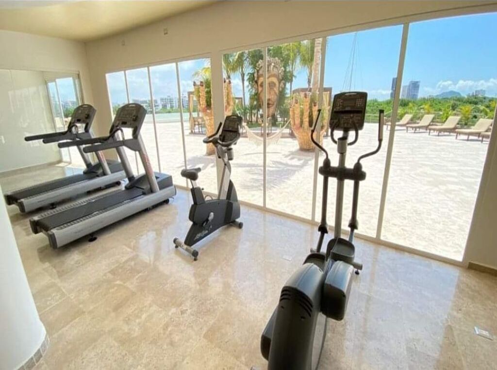 A gym with treadmills, an elliptical, and a stationary bike, with a view of a beach and palm trees through large windows.