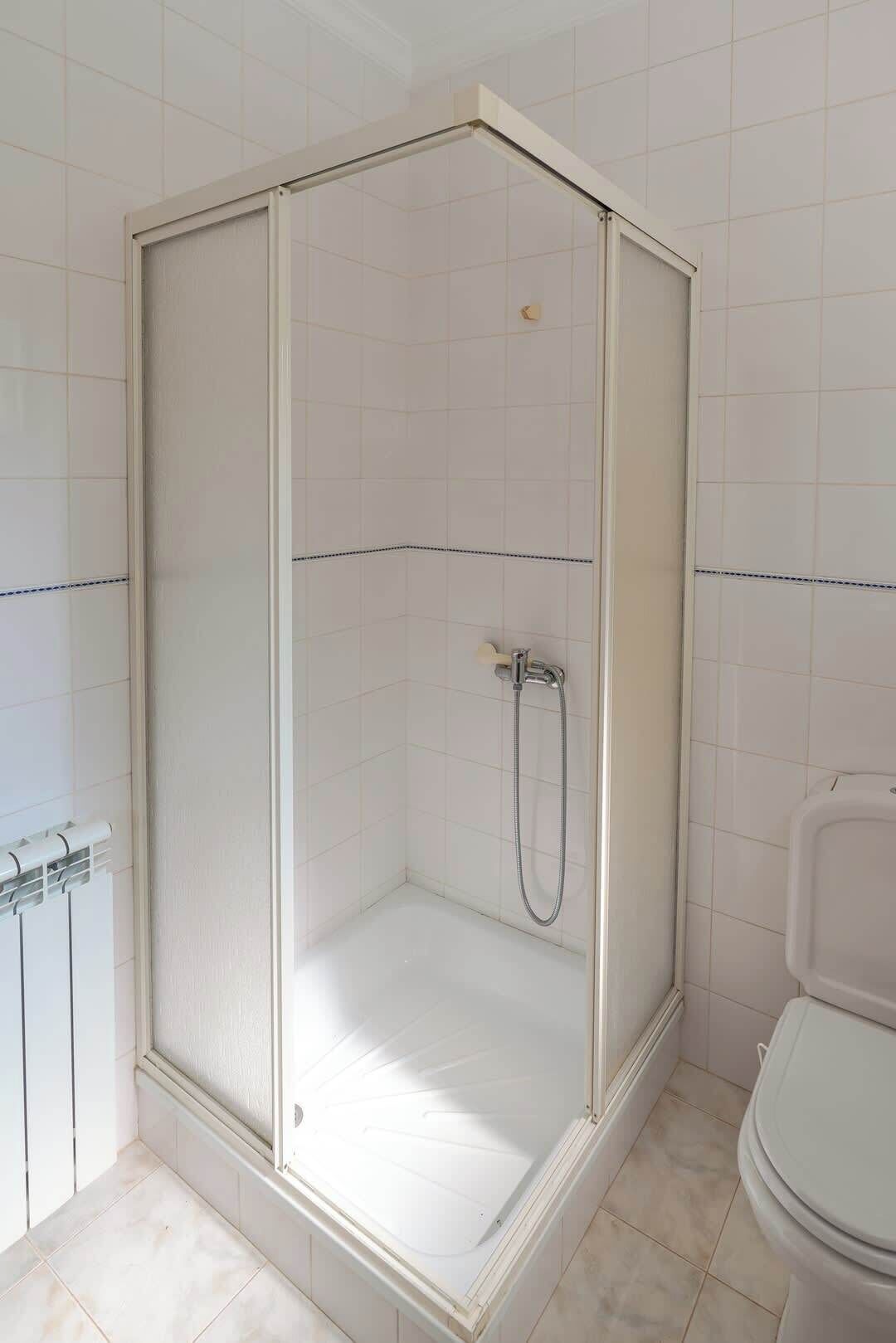 Un box de ducha con puerta de cristal, un cabezal de ducha manual y un inodoro a la derecha.