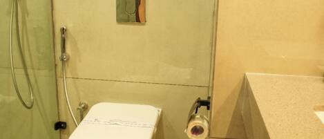 Baño con cabina de ducha de vidrio, inodoro y perchero para toallas.
