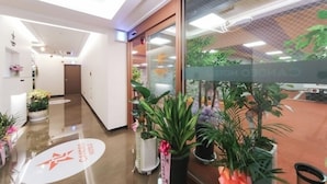 Zona de recepción de hotel con un diseño moderno, que incluye una pared de vidrio con vistas a un jardín, un mostrador de recepción y varias plantas en macetas.