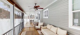 Riverfront, dog-friendly, mountain views, a/c, deck, ski nearby, gas stove, w/d