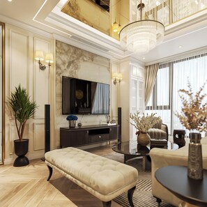 Appartamento Executive, 2 camere da letto, balcone, vista città | Biancheria da letto ipoallergenica, minibar, una scrivania