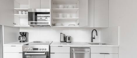 Fridge, microwave, oven, dishwasher