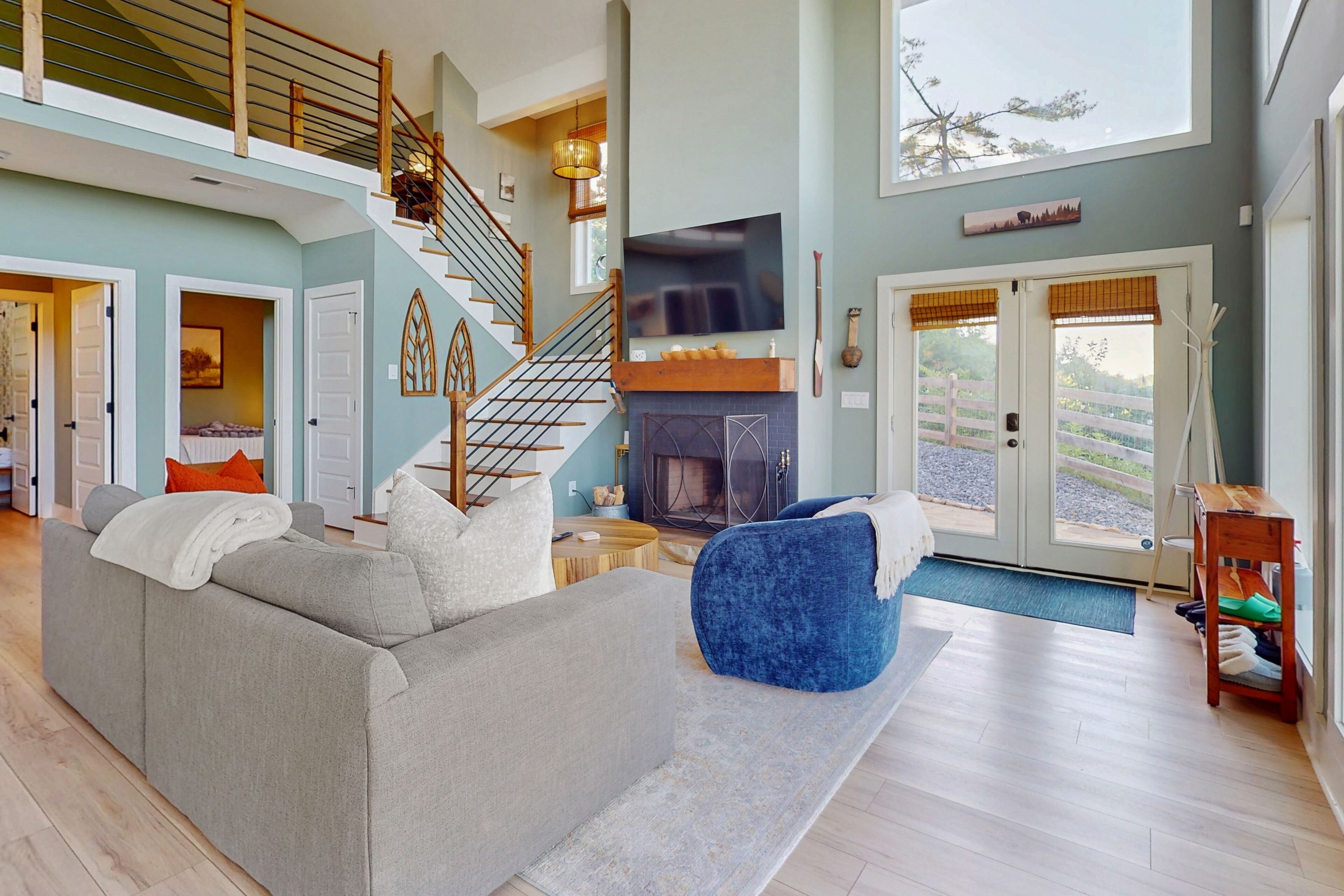 TV, fireplace, books