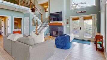 TV, fireplace, books