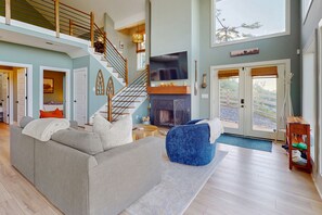 TV, fireplace, books