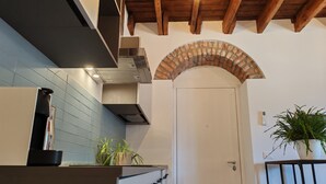 Een moderne keuken met een bakstenen boog, een inbouwoven en een potplant.