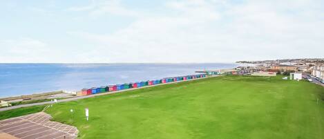 A coastal view with a grassy area, a parking lot, and colorful buildings along the shore.