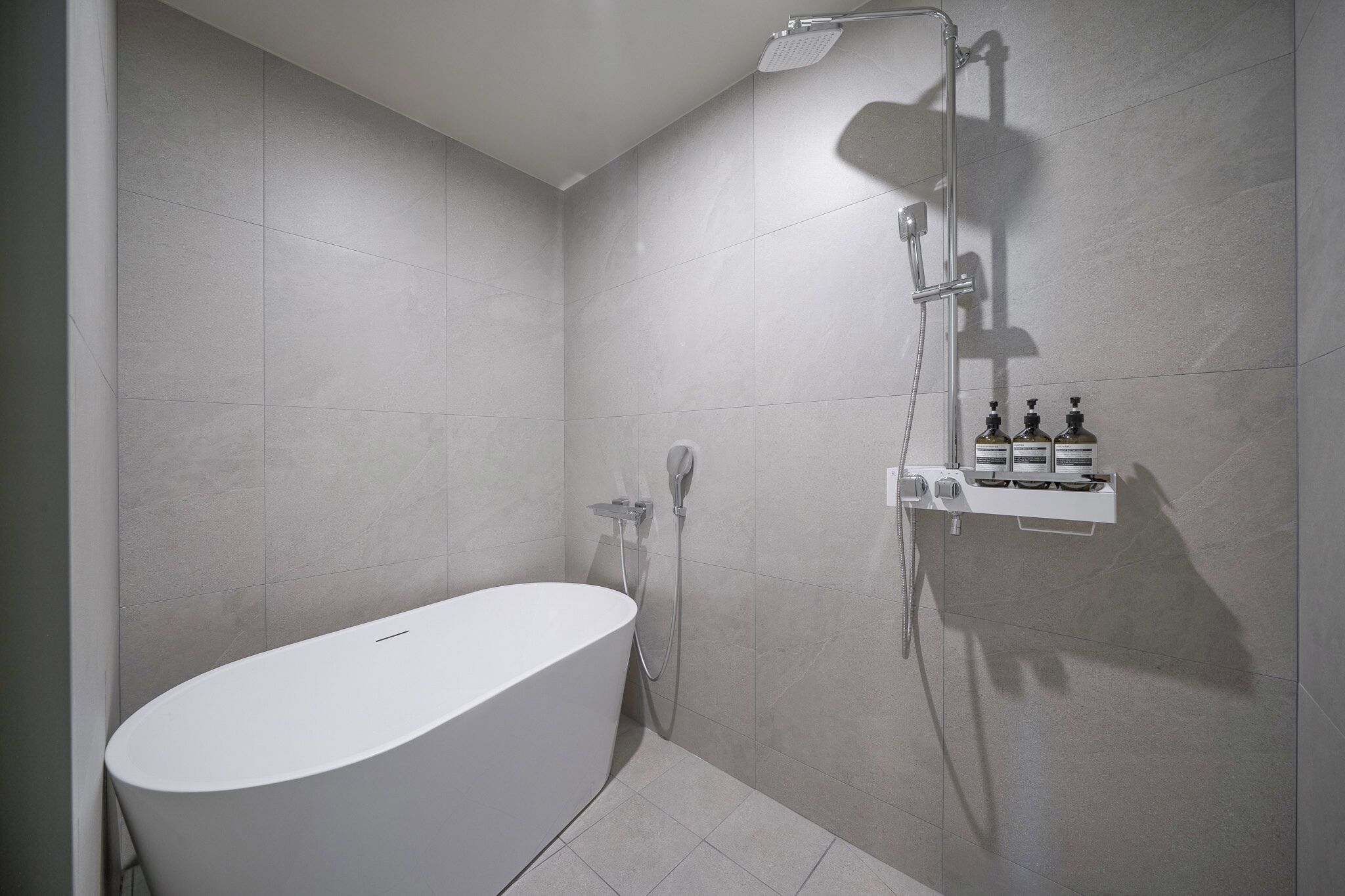A modern bathroom with a freestanding bathtub, a handheld showerhead, and a wall-mounted soap dispenser.