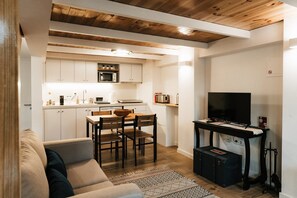TV, fireplace, books